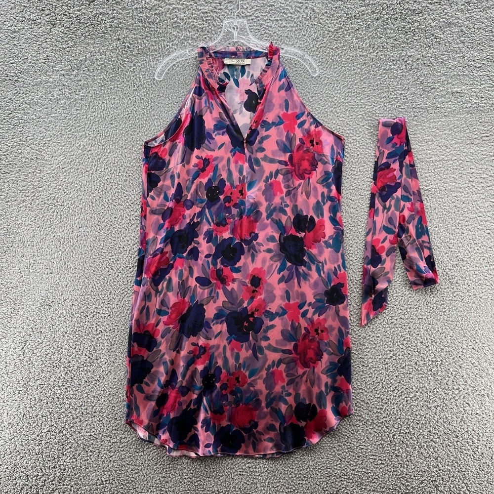 Go by Go Silk Dress Womens Large Pink Floral Sleeveless Silk Zip Up Ruffle Neck